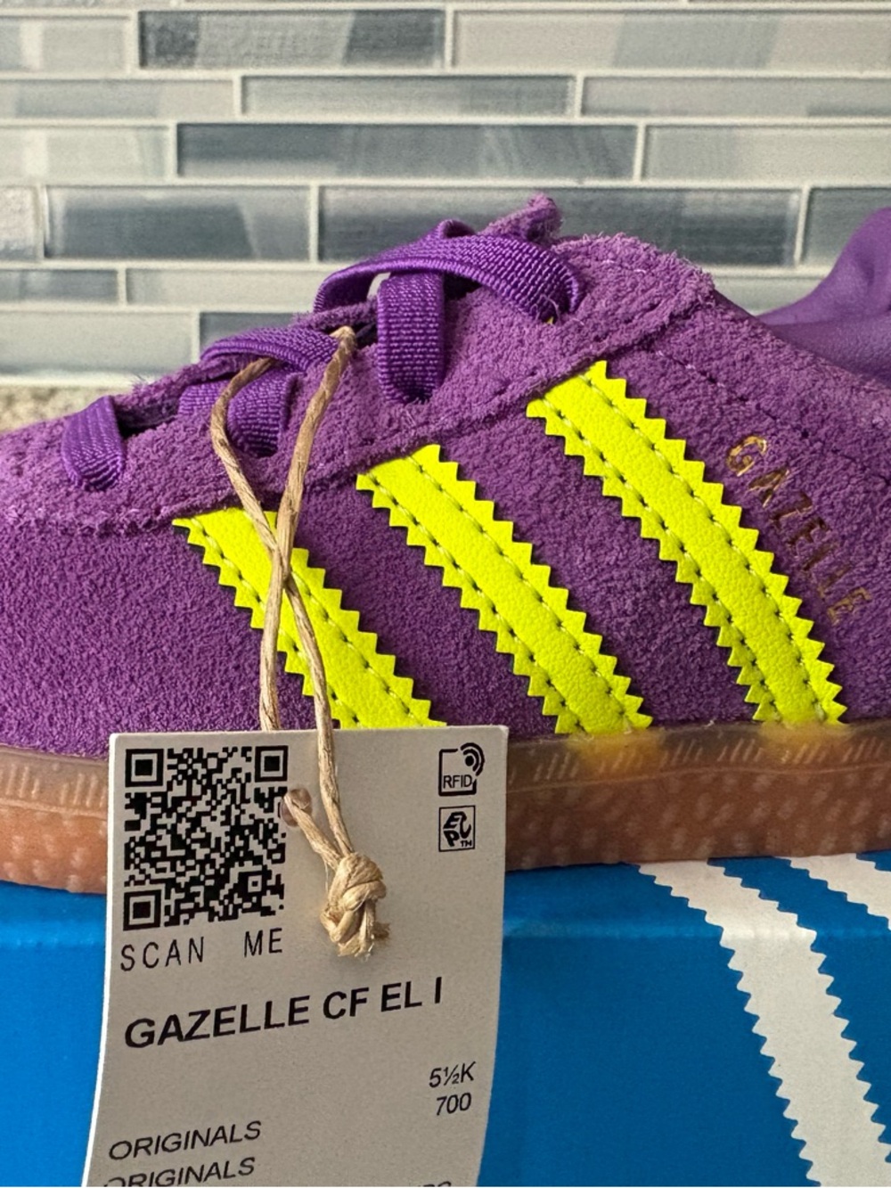 adidas Kids Gazelle CF EL I Purple Suede Sneakers with Yellow Stripes